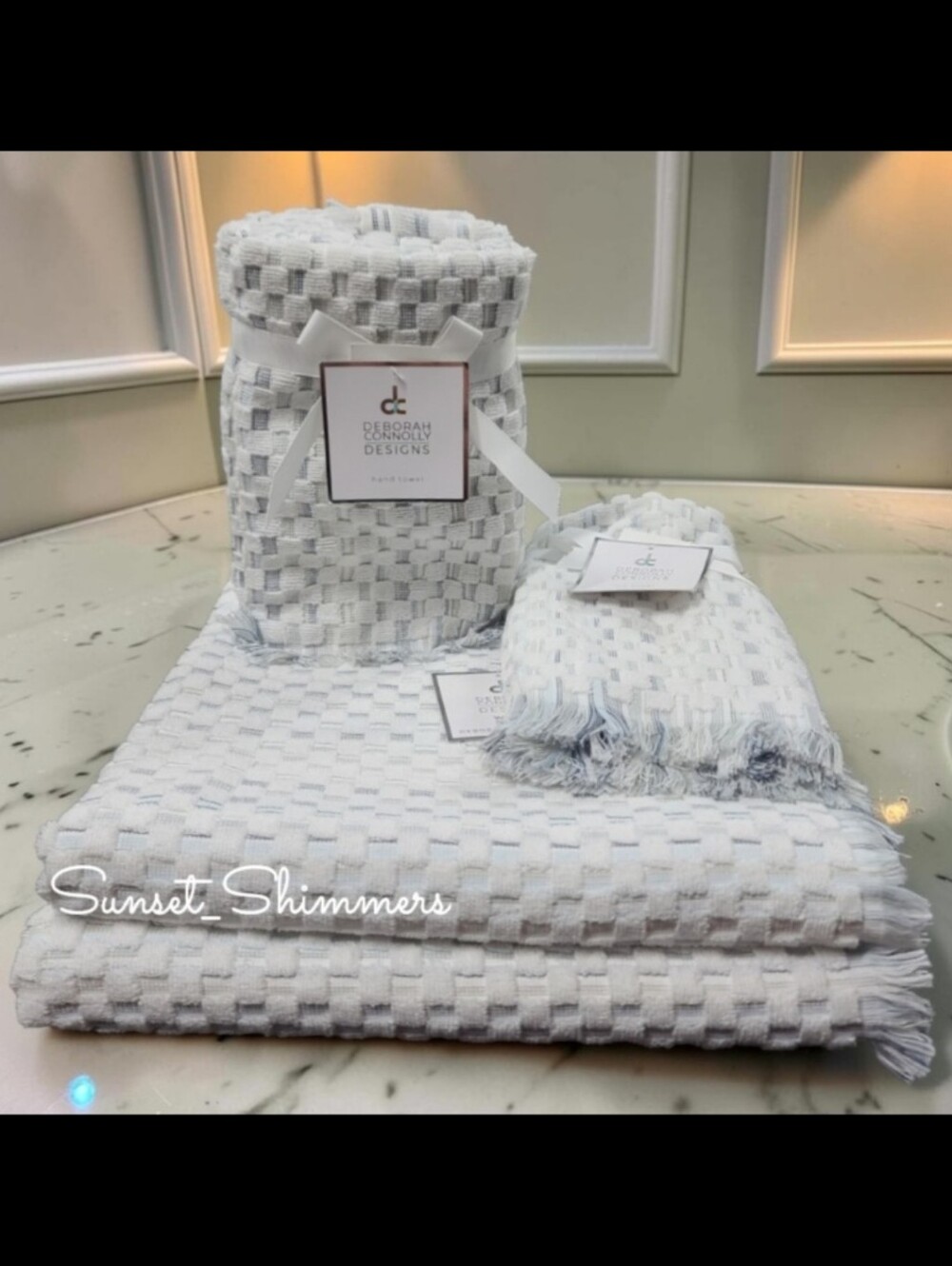 6pc Deborah Connolly White Blue Ombre Waffle Weave Bath Hand Tip Towel Set Net